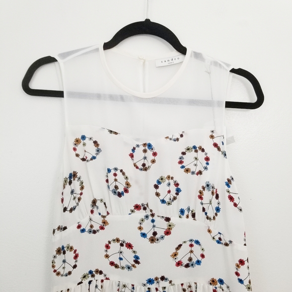 Sandro Floral Peace Sign Mini Dress Silk Sheer Mesh Illusion Neckline NEW - Picture 5 of 9